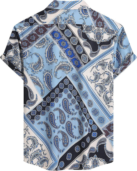 Men's Blue Paisley Printed Button Up Short Sleeve Shirt