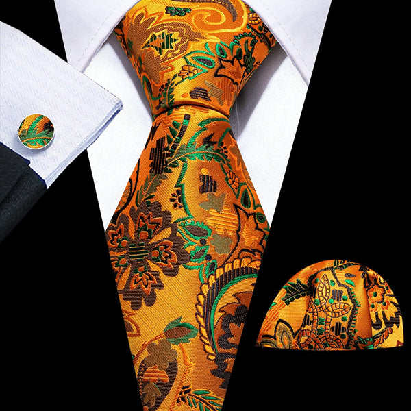 Men's Gold Print Silk Tie Set w/Handkerchief & Cufflinks