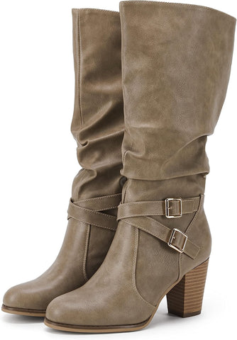 Classic Khaki Buckle Side Women's Chunky Heel Mid Calf Boots