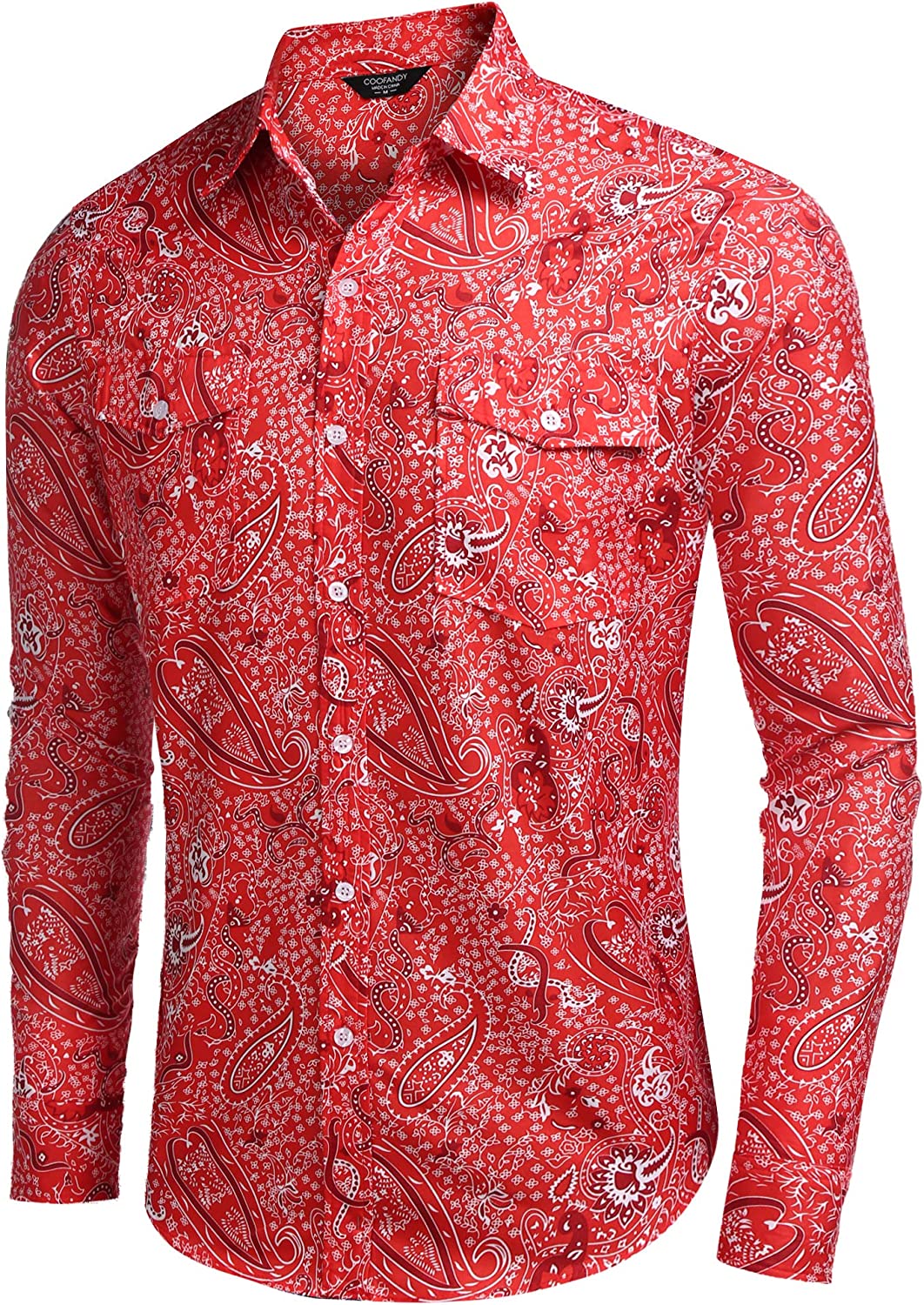 Men's Red Vintage Paisley Print Long Sleeve Dress Shirt