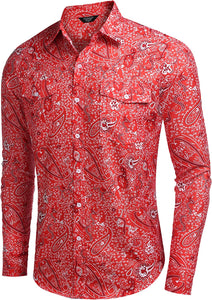 Men's Red Vintage Paisley Print Long Sleeve Dress Shirt