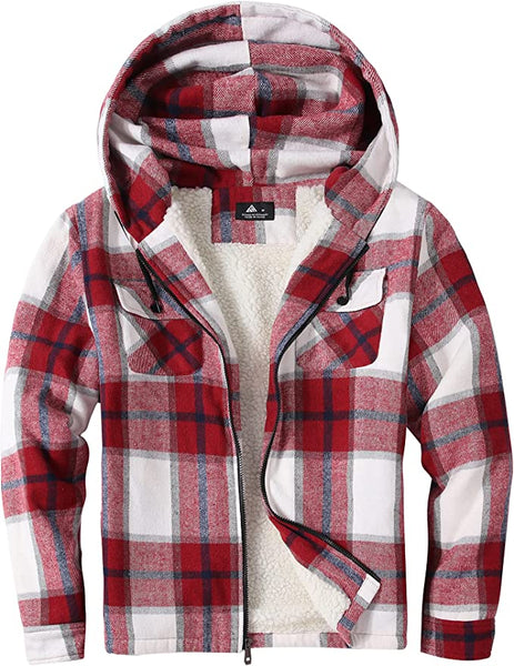 Men's Sherpa Red Plaid Long Sleeve Fleece Hooded Jacket