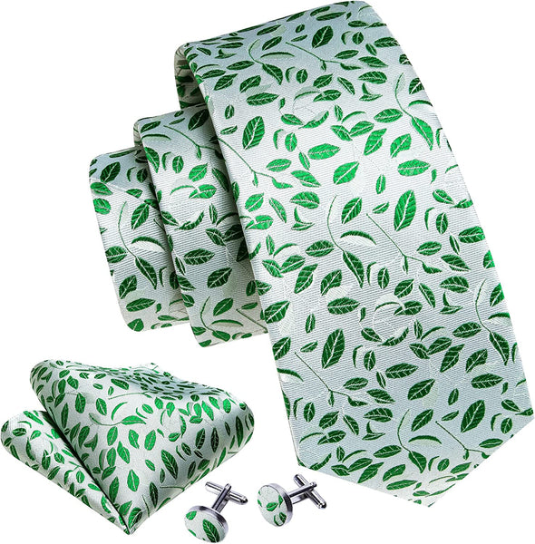 Men's Dark Green Floral Paisley Print Silk Tie Set w/Handkerchief & Cufflinks