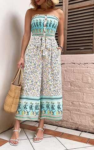 Tribal Printed Smoked Strapless Jumpsuit