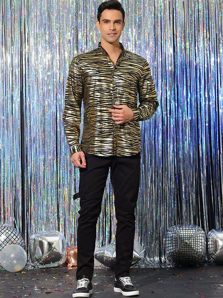 Gold Animal Printed Button Down Long Sleeve Men's Dress Shirt