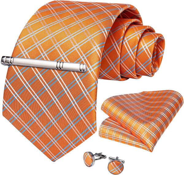 Men's High Quality Jacquard Silk Orange Cufflink Tie Clip Set