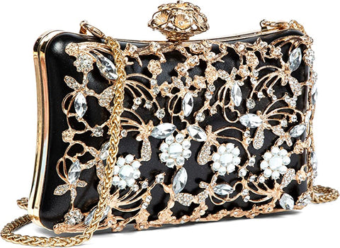 Diamond Sequined Gold Wrapped w/Black Cocktail Evening Clutch Purse