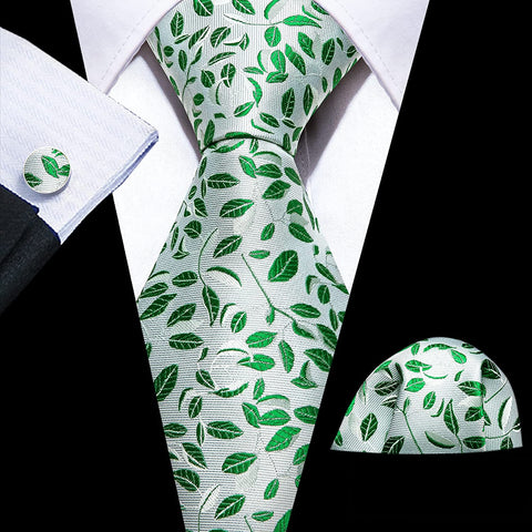 Men's Green Leaves Paisley Print Silk Tie Set w/Handkerchief & Cufflinks