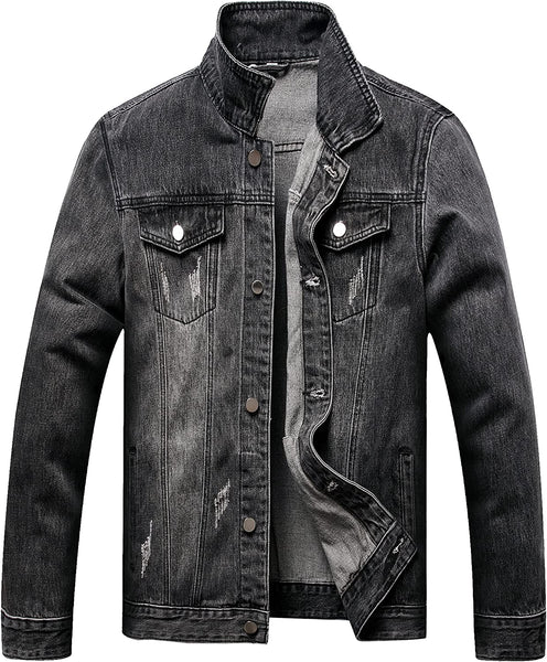 Classic Black Stylish Ripped Denim Men's Jacket