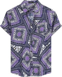 Men's Purple Paisley Printed Button Up Short Sleeve Shirt