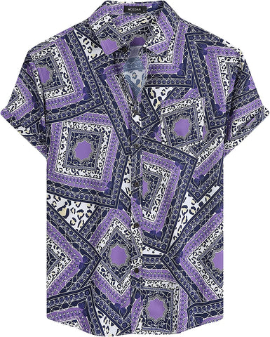 Men's Purple Paisley Printed Button Up Short Sleeve Shirt