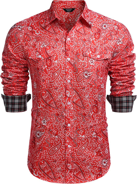 Men's Red Vintage Paisley Print Long Sleeve Dress Shirt