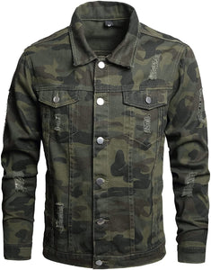 Ripped Camouflage Denim Men's Button Down Jacket