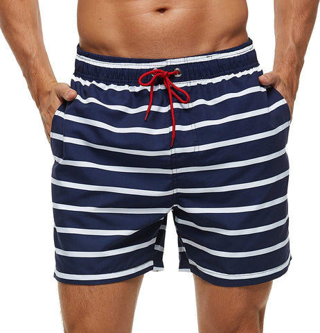 Men's Navy Blue Striped Short Swim Trunks