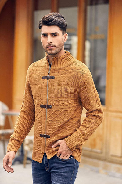 Men's Brown Knitted Turtleneck Long Sleeve Slim Fit Sweater Cardigan