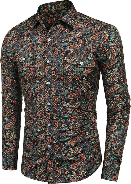 Men's Dark Green Vintage Paisley Print Long Sleeve Dress Shirt