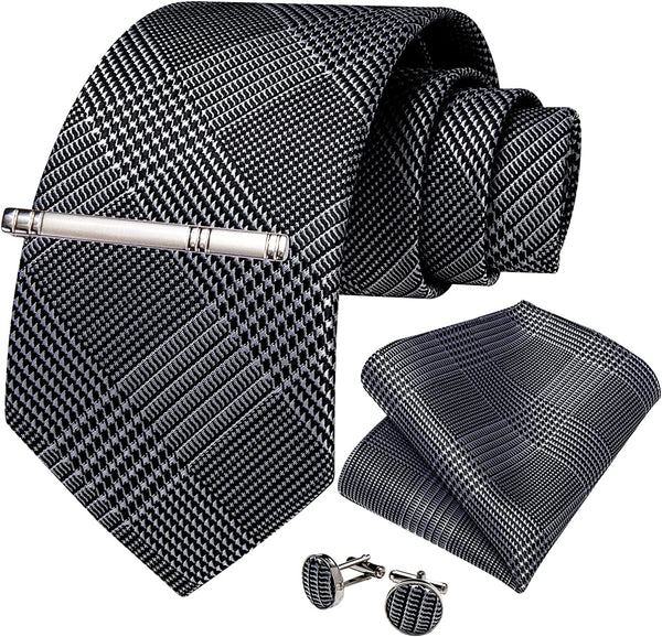 Men's High Quality Jacquard Silk Navy Blue Cufflink Tie Clip Set