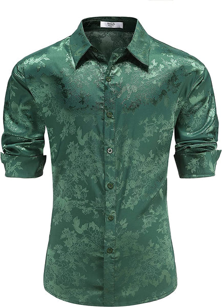 Men's Shiny Satin Green Floral Button Down Long Sleeve Shirt