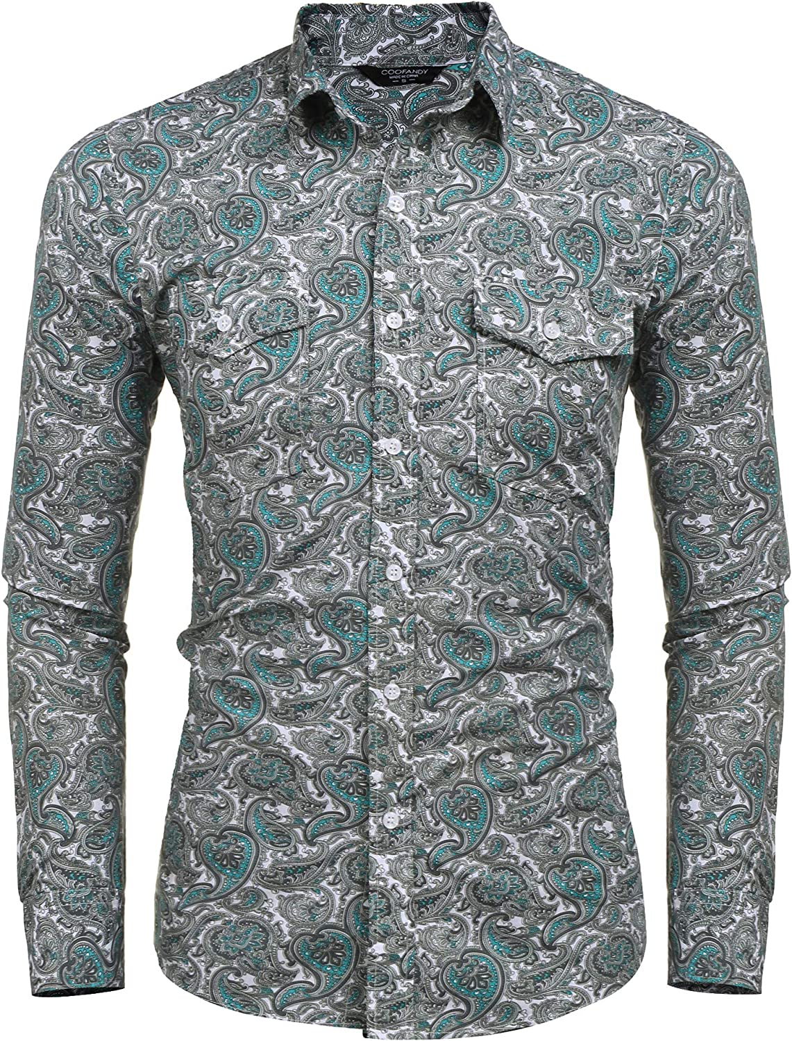 Men's Green Vintage Paisley Print Long Sleeve Dress Shirt