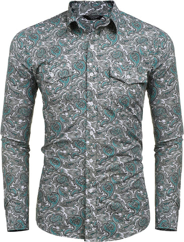 Men's Green Vintage Paisley Print Long Sleeve Dress Shirt