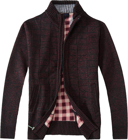 Men's Knitted Melange Wine Checkered Design Full Zip Sweater Jacket