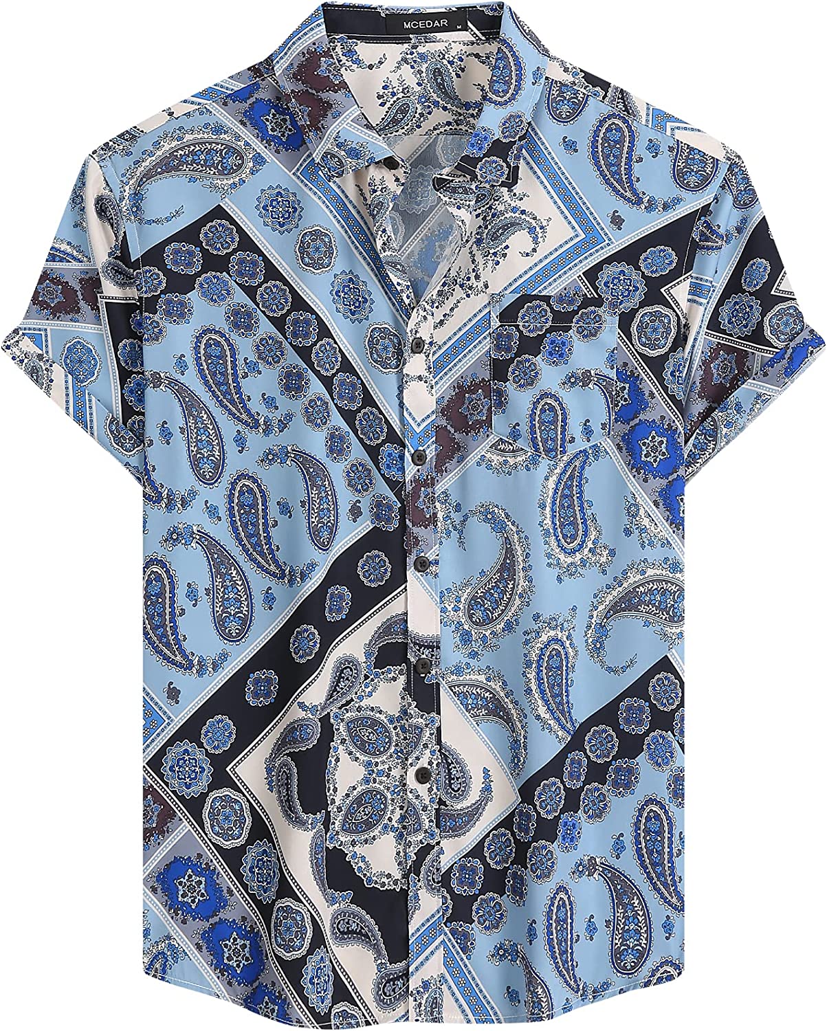 Men's Blue Paisley Printed Button Up Short Sleeve Shirt