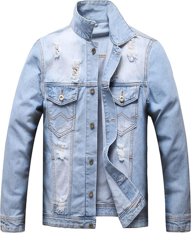 Ripped Light Blue Trucker Jean Long Sleeve Men's Denim Jacket