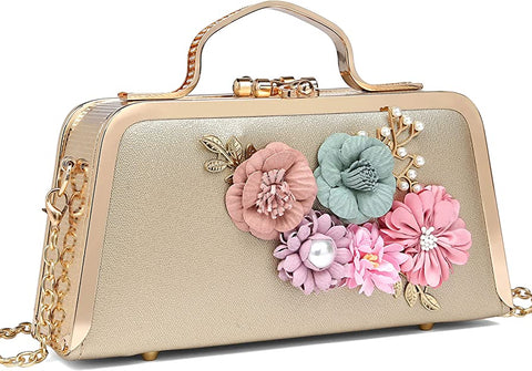 Beautiful Floral Embellished Gold Cocktail Evening Clutch Purse