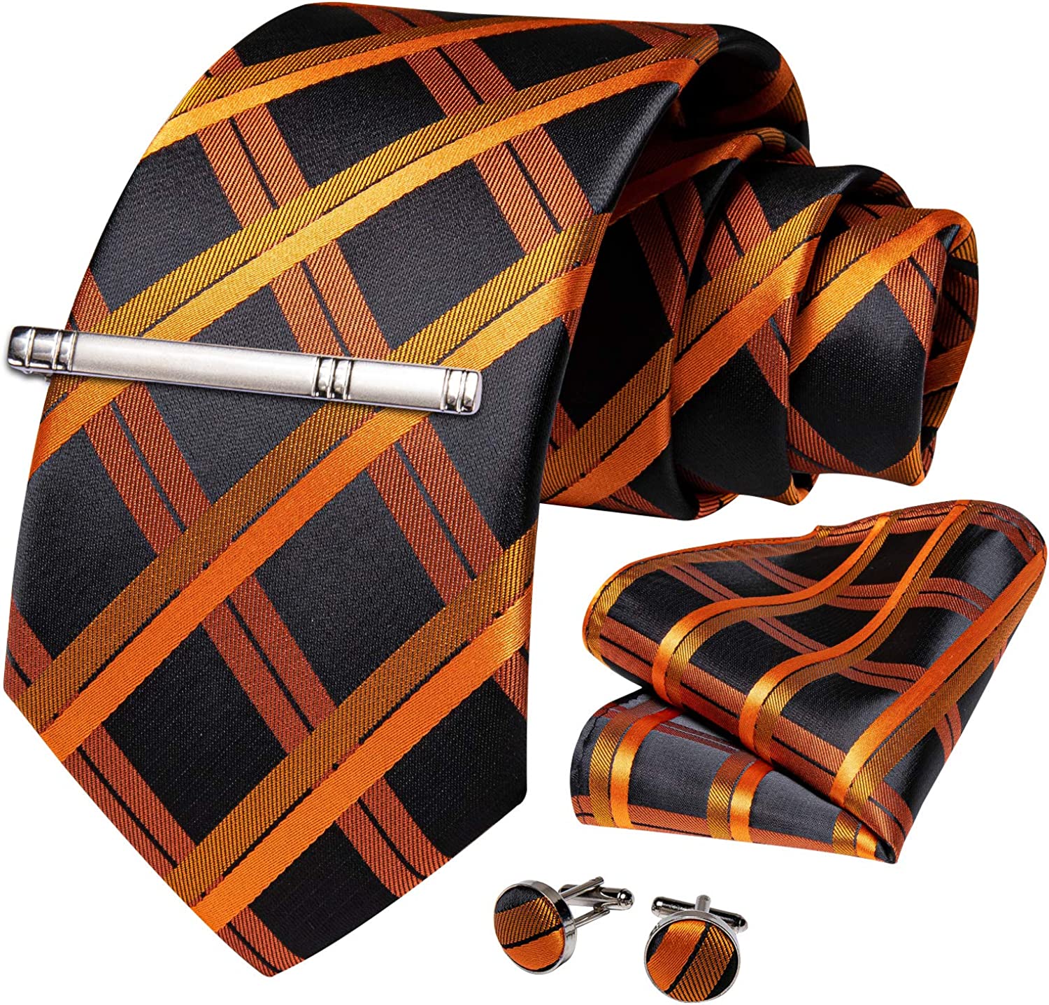 Men's High Quality Jacquard Silk Orange/Black Cufflink Tie Clip Set