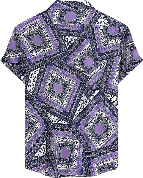 Men's Purple Paisley Printed Button Up Short Sleeve Shirt