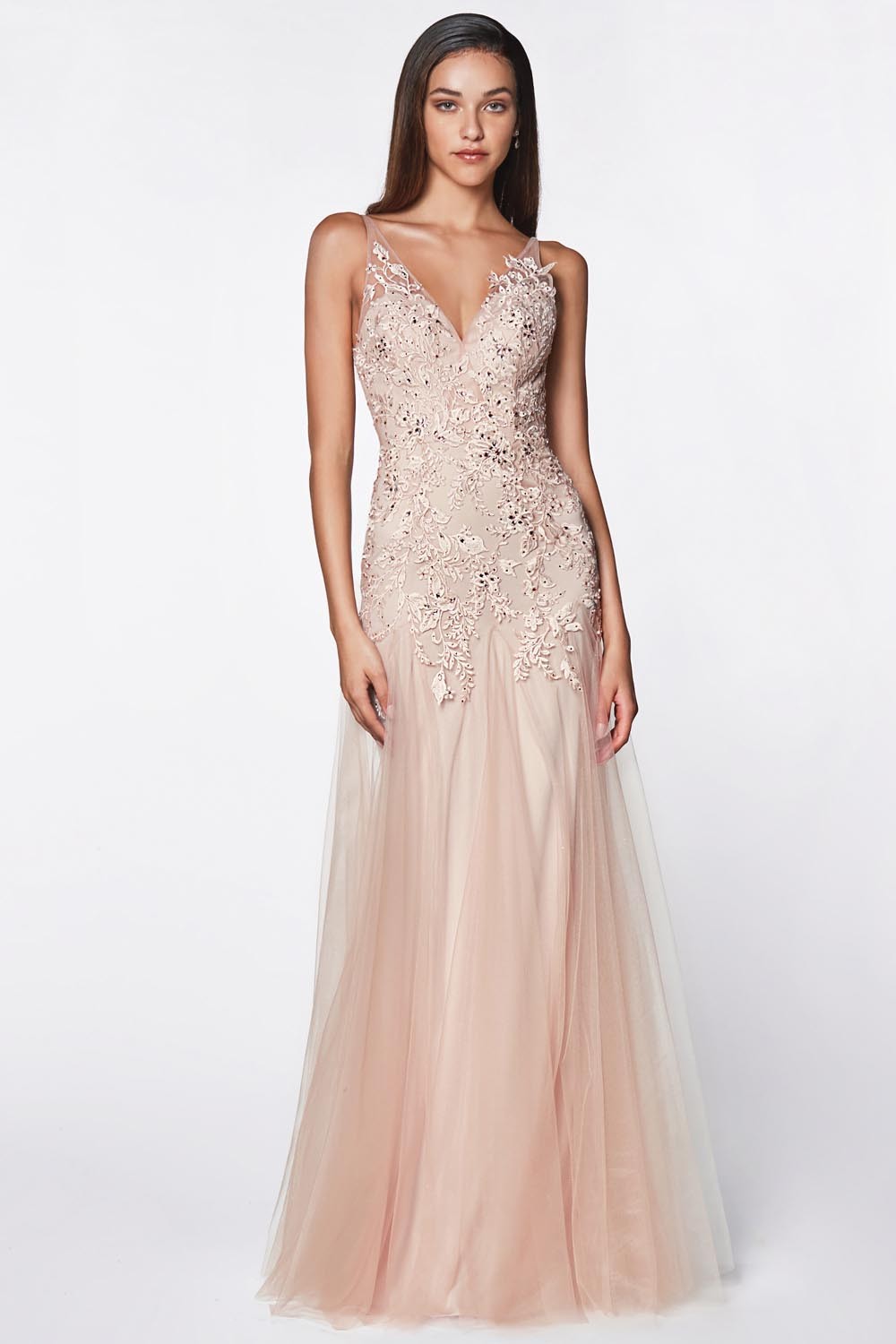 Soft Mauve Lace Bodice Backless Tulle Gown