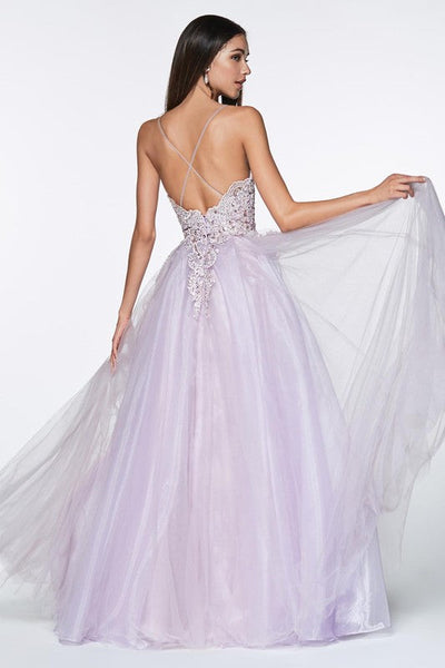 Lace Beaded Bodice Lavender Criss Cross Back A-Line Tulle Gown