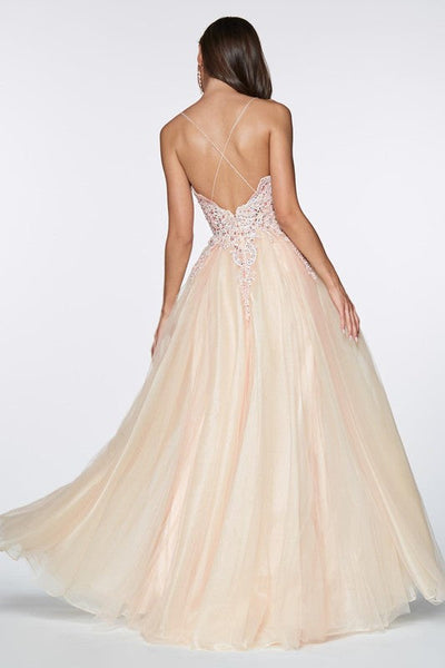 Lace Beaded Bodice Champagne Criss Cross Back A-Line Tulle Gown