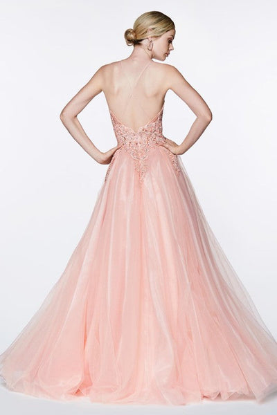 Lace Beaded Bodice Blush Criss Cross Back A-Line Tulle Gown