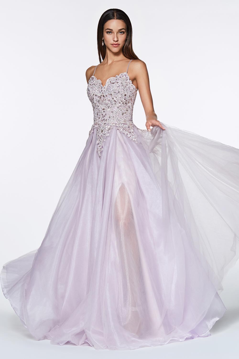 Lace Beaded Bodice Lavender Criss Cross Back A-Line Tulle Gown