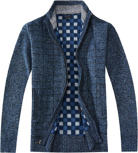 Men's Knitted Melange Blue Checkered Design Full Zip Sweater Jacket