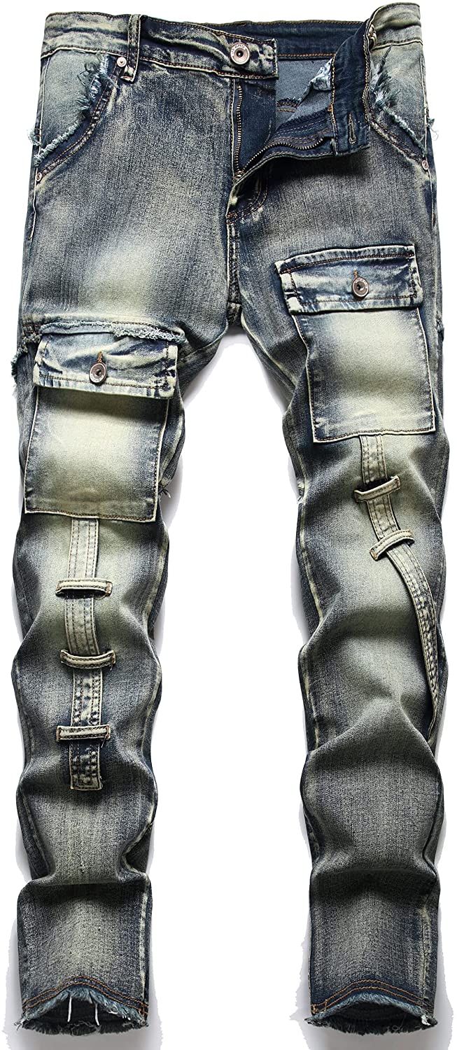 Men's Biker Deco Washed Vintage Straight Fit Jeans