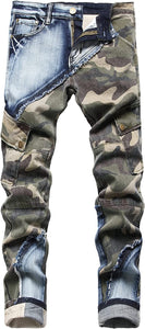 Patchwork Jeans Camo Biker Denim Pants