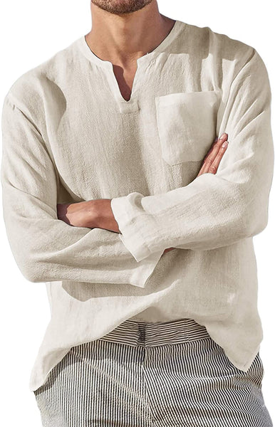 Men's Shirt Khaki Casual Long Sleeve V Neck Tops