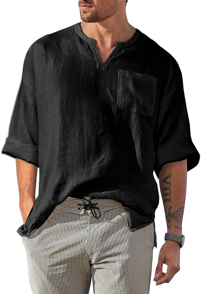 Men's Shirt Black Casual Long Sleeve V Neck Tops