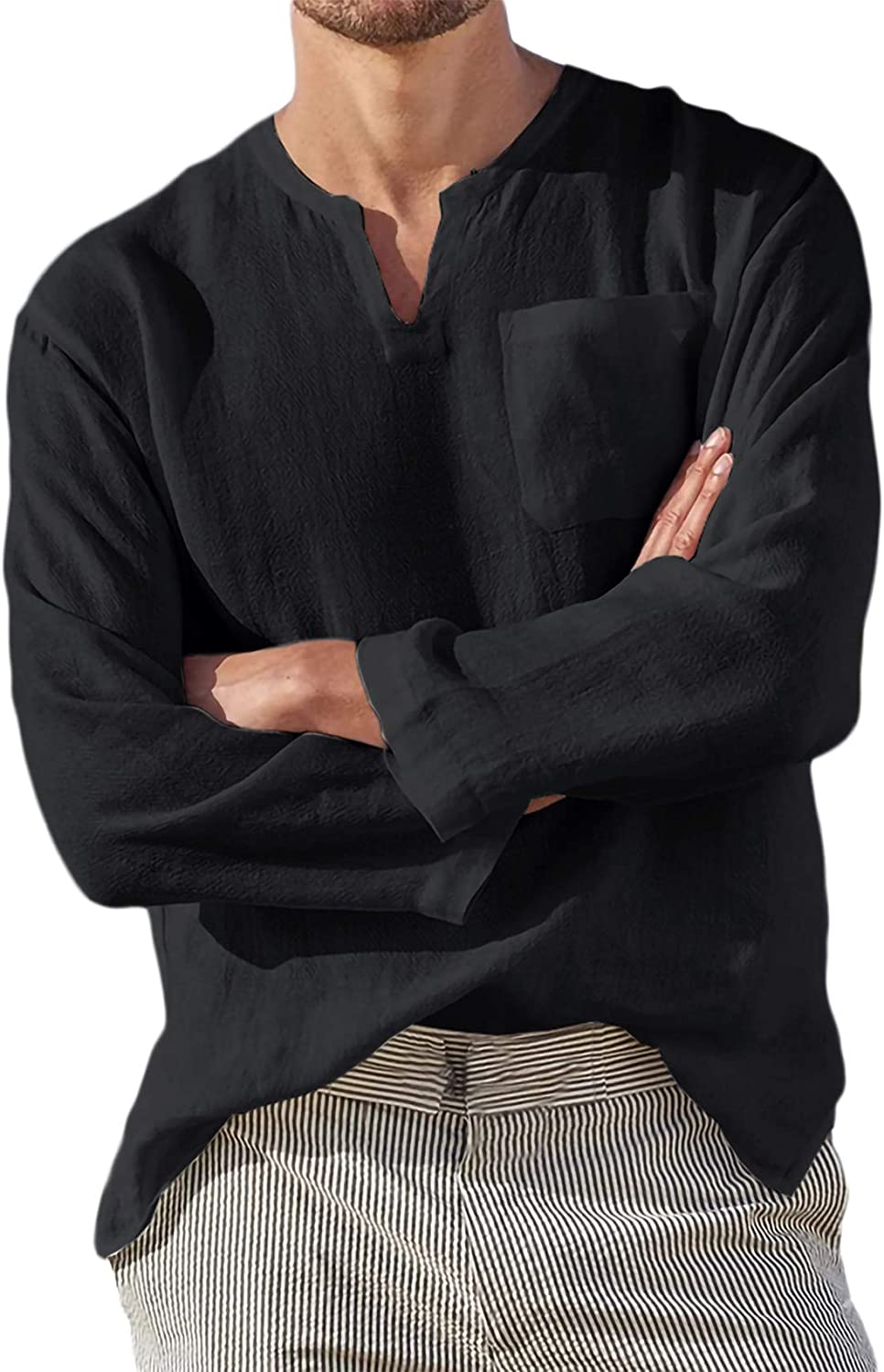 Men's Shirt Black Casual Long Sleeve V Neck Tops