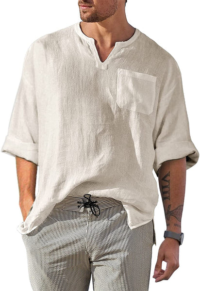 Men's Shirt Khaki Casual Long Sleeve V Neck Tops