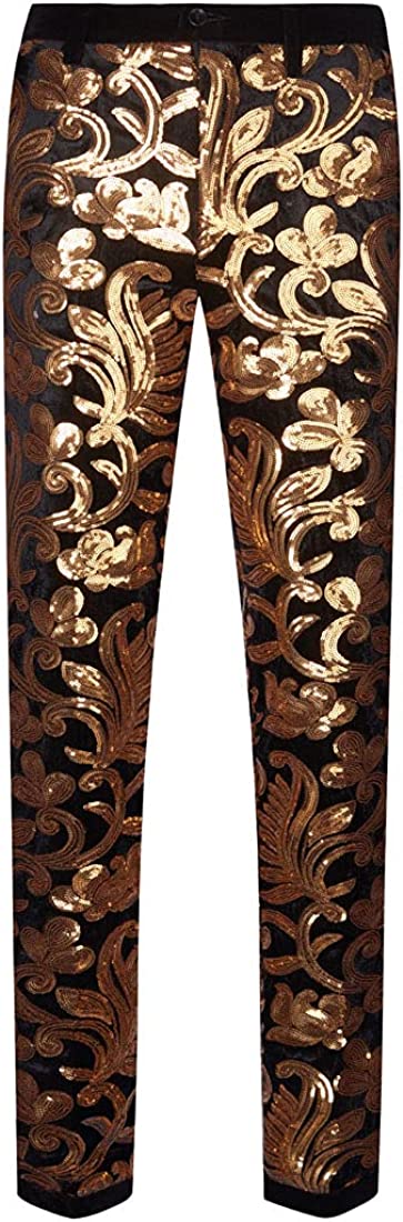 Men's Black Floral Shiny Sequin Pants