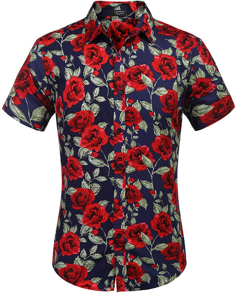 Men's Blue Short Sleeve Hawaiian  Flower Casual Shirt