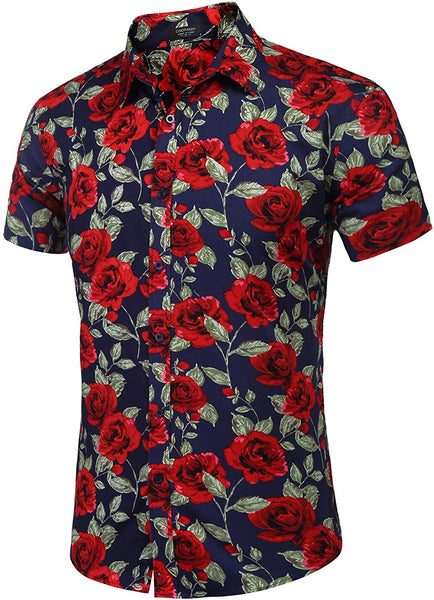 Men's Blue Short Sleeve Hawaiian  Flower Casual Shirt