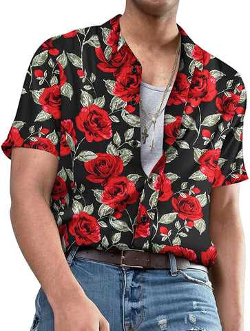 Men's Black Short Sleeve Hawaiian  Flower Casual Shirt