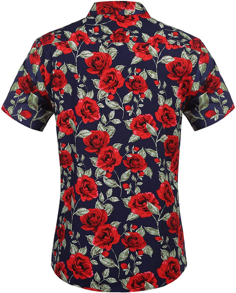 Men's Blue Short Sleeve Hawaiian  Flower Casual Shirt