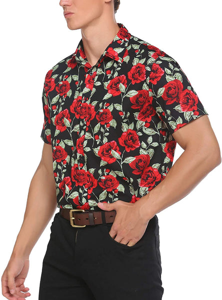 Men's Black Short Sleeve Hawaiian  Flower Casual Shirt