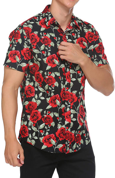 Men's Black Short Sleeve Hawaiian  Flower Casual Shirt