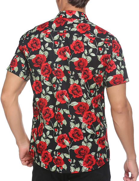 Men's Black Short Sleeve Hawaiian  Flower Casual Shirt